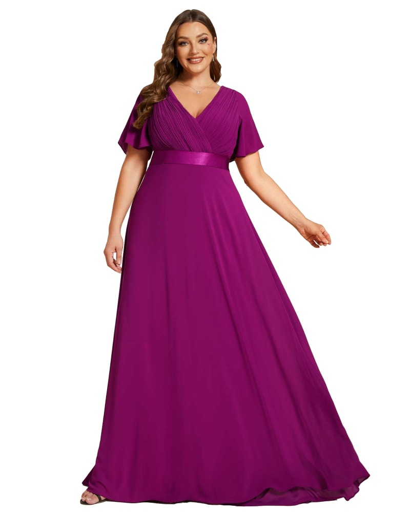 Front of a model wearing a size 24 Long Chiffon Empire Waist Bridesmaid Dress with Short Flutter Sleeves in Fuchsia by Ever-Pretty. | dia_product_style_image_id:329463